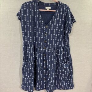 Peyton & Parker Dress Medium Blue Linen Rayon Front Button Relaxed Coastal Beach